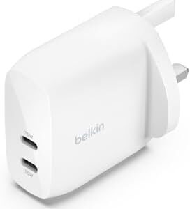 Belkin BoostCharge dual USB-C plug with PPS, 60W phone charger for iPhone 16 and other, iPad, Samsung Galaxy, Google Pixel, MacBook - compatible w/ USB-C to lightning cable & USB-C to USB-C - white