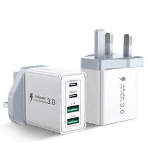 USB C Plug 2Pack, 4-Port 40W USB C Charger Plug UK Dual Port PD Power Adapter+QC Wall Charger Multiport Mains Type C Charging Plug for iPhone 16 15 14 13 12 11 Pro Max Plus,Samsung, iPad, AirPods