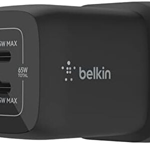 Belkin 65W Dual USB Type C Wall Charger, Fast Charging Power Delivery 3.0 with GaN Technology, USB Plug fast charger for iPhone 16, 15, 14, iPad, MacBook, Samsung Galaxy S24, Pixel and more - Black