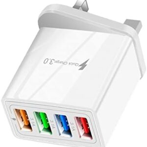 USB Plug Charger UK, QC 3.0 3.1A Fast Charging, 4-Port USB Wall Charger Plug, Power Adapter with Smart Device-Adaptive, Quick Charging Technology for All Smartphone(White)