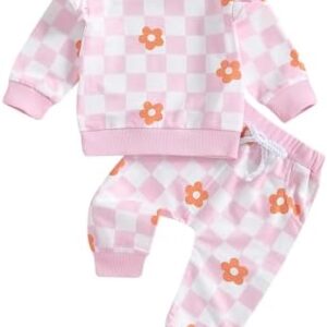 MAHUAOYIXI Toddler Newborn Baby Girl Fall Winter Outfit Clothes 0-3 Years Long Sleeve Sweatshirt Pullover Checkerboard Flower Print + Elastic Pants With Pockets Trousers Tracksuit Sets