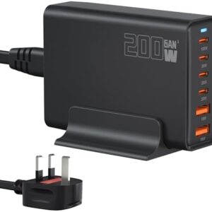 200W 6-Port USB Charging Station, PD 100W 65W 45W 20W 18W USB C GaN III Charger Laptop & Phone Fast Charger Plug, Compatible with MacBook Pro/Air,Dell XPS, iPhone 15/16/14/ Pro, iPads, Steam Deck