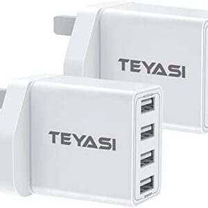 2 Pack USB Plug Adaptor UK, Multi USB Charger Plug UK 4 Port 3 Pin Wall Charger, Multiple Mains Charge Power Adapter Fast Charging for iPhone 14 13 12 11 10 XS Max XR X 8 7 6
