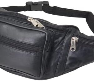 RAS Unisex Leather Bum Bag – Large Waist Travel Money Pouch with 6 Zipped Pockets – Black Fanny Pack Belt Bag for Passport, Phone, Dog Walking, Festivals, Hiking, Holidays Art–1006 (Black)