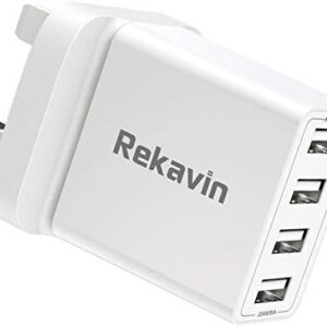 USB Plug UK Mains Charger,Rekavin Multi USB Plug Adaptor UK 4 Port/5A Phone Wall Charge Power Adapter Fast Charging for iPhone 16 15 14 13 12 11 pro Max 10 XS XR X 8 7 6 6S Plus 5S 5C SE,Samsung,ipad