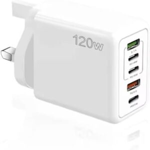 120W USB Wall Charger, 5-Port Type-C & USB Charging Adapter for Phones Tablets Smartwatches– UK Plug, Portable Power Hub (White)