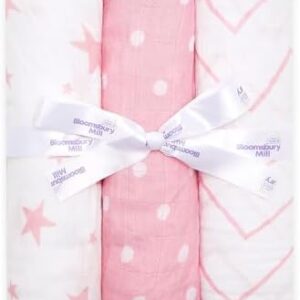 Bloomsbury Mill - Baby Swaddle Blanket - Soft 100% Organic Cotton Swaddles for Newborn - Large Muslin Cloths for Baby Girls - Pack of 3 - Baby Essentials for Newborn - Pink & White - 120x120cm