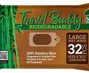 Ace Travel Buddy Large Body Wet Wipes Biodegradable - No Rinse Bath Or Shower Bamboo Wipe - Gym, Travel, Camping, Backpacking, Hiking, Pets, Festival Essentials/Accessories, 32 Wipes(8"X12"/20X30CM)