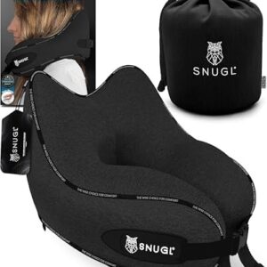SNUGL Travel Pillow – Memory Foam Neck Pillow for Travel – Support Cushion for Airplane with Carry Bag & Clip - Holiday Essentials (Black - Adult Regular)