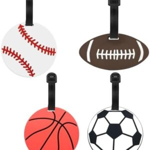 Kids Luggage Tags for Suitcases, Funny Sports Ball Suitcase Tags for Children and Teens Funny Baseball Rugby Basketball and Football Luggage Labels Backpack Tags with Name Id Card(4 Pcs)