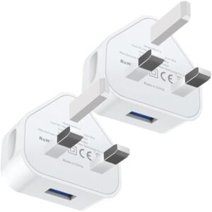 2-Pack USB Plug, USB Charger Plug Adaptor UK 3 Pin Mains Charger 5V 1A i Phone Charging Plug Adapter UK for iPhone Apple 14 13 12 11 Pro Max 10 XS X XR 8 7 6 6S Plus 5 SE 2020,i Pad Pro/Air/Mini