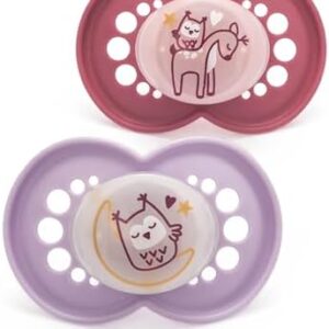 MAM Night 16+M Soother 2PK - Pink Baby Soothers with Self Sterilising Travel Case, Newborn Essentials, Glow in The Dark (Designs May Vary)
