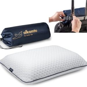 alkamto Travel Pillow - Ergonomic Neck Support Camping Memory Foam Pillow with Temperature-Regulating Pillowcase - Included Waterproof Travel Carry Bag