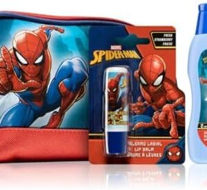 Spiderman Kids Toiletry Bag Gift Set - Boys Toiletry Bag with Extra Mild 2-in-1 Hair and Body Wash (200 ml) and Fresh Strawberry Flavour Lip Balm - Fun, Gentle, and Refreshing Care Set for Kids