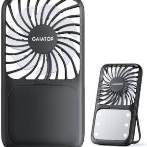 Gaiatop Portable Handheld Fan, Folding Stand for Desktop, 3 Speed LED Makeup Mirror with Light, Rechargeable Mini Personal Fans Small Travel Essentials Gifts for Women Girls Black