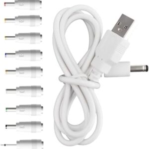 BOEEA 5V DC Power Cord Replacement Charger, USB to DC Plug Charging Cord with 9 Connectors Adapters for Moon Lamp, Massage Wand, Router, LED Light,Speaker and More Devices (White)