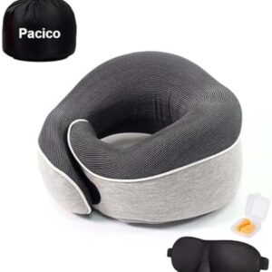 Pacico Travel Pillow, Neck Pillow, 100% Pure Memory Foam Sleeping Pillow for Car, Train and Airplane, Travel Kit with 3D Contoured Eye Masks and Earplugs (Light Grey)