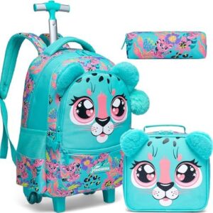 Inprof Rolling Backpack Kids Boys Backpacks with Wheels for Girls Toddler School Back Pack with Lunch Box Preschool Bookbag, Leopard
