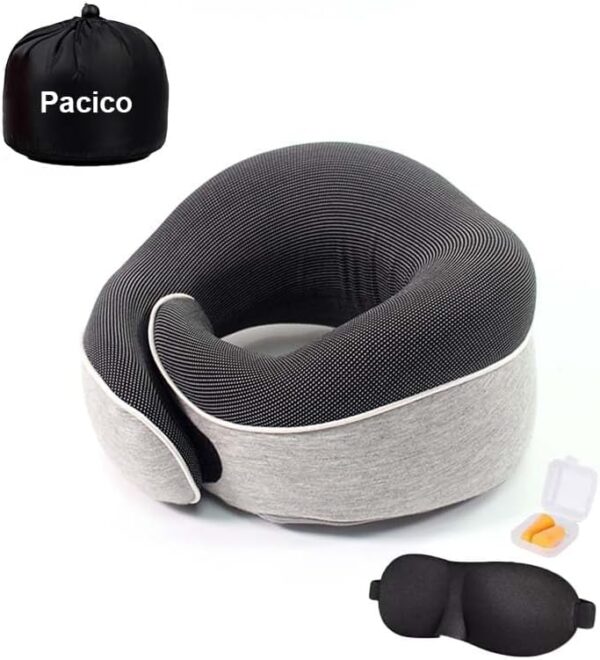 Pacico Travel Pillow, Neck Pillow, 100% Pure Memory Foam Sleeping Pillow for Car, Train and Airplane, Travel Kit with 3D Contoured Eye Masks and Earplugs (Light Grey) - Image 2