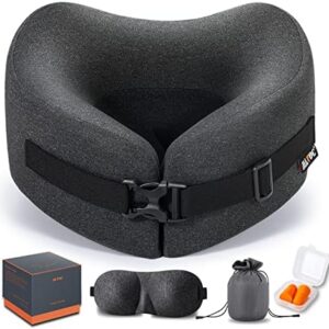 MLVOC Travel Pillow Memory Foam Neck Pillow, Adjustable Comfort Breathable Cover, Airplane Travel Set with 3D Sleep mask, Earplugs Box, for Airplane, Car, Office, Home (Full Black)