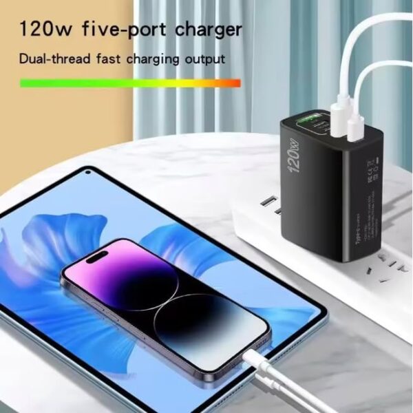 120W USB Wall Charger, 5-Port Type-C & USB Charging Adapter for Phones Tablets Smartwatches– UK Plug, Portable Power Hub (White) - Image 3
