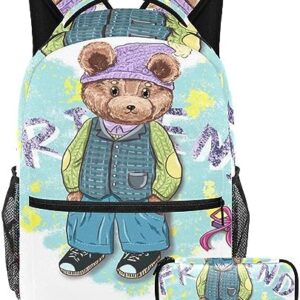 Friendly Bear Backpack with Pencil Case, 2Pcs Kid Schoolbag Set for Boys Girls Teens,Travel Book Bag for Students