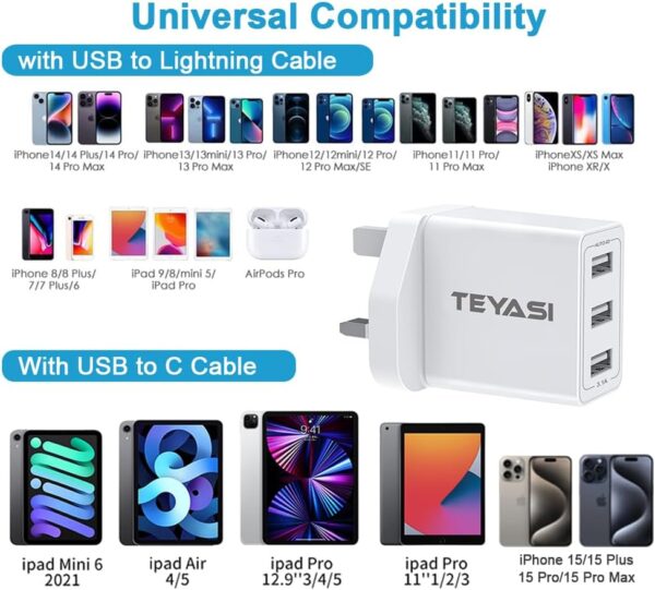 USB Plug,Multi USB Charger Plug Adaptor UK 3-Port Multiple Way Double Port Wall Plug UK 5V/3.1A 3 Pin Dual Plug Mains Charge for iPhone X XR XS 8 7 6 6S Plus 5 5S 5C SE 16 15 14 13 12 11,iPad - Image 6