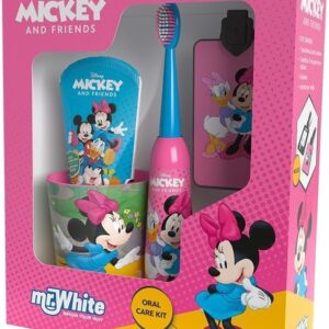 Disney Minnie Mouse and Friends Kids Oral Care Kit Gift Set Contains Battery Powered Electric Toothbrush with Soft Bristles, Mint Flavour Toothpaste, Multi-Purpose Beaker and Luggage Tag for Ages 4+