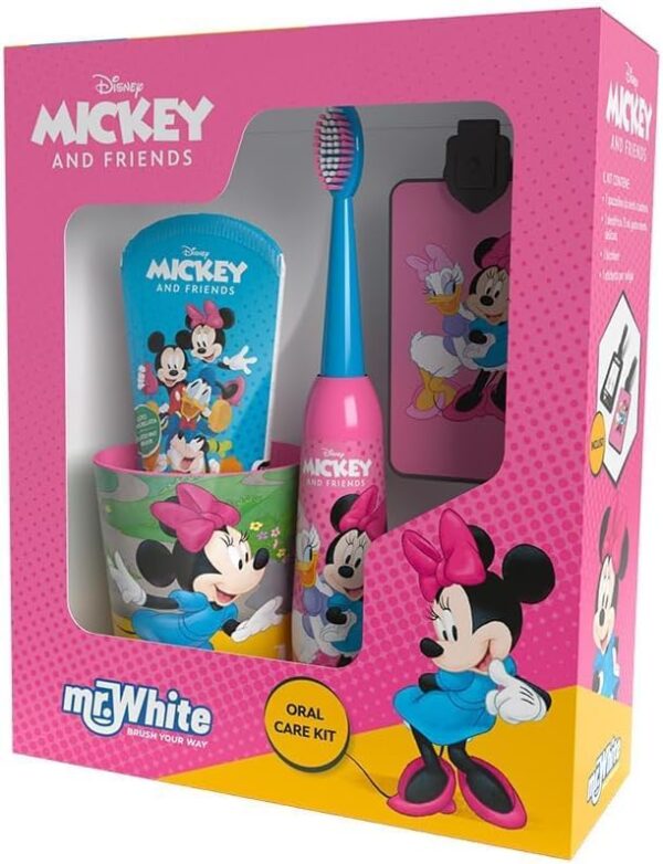 Disney Minnie Mouse and Friends Kids Oral Care Kit Gift Set Contains Battery Powered Electric Toothbrush with Soft Bristles, Mint Flavour Toothpaste, Multi-Purpose Beaker and Luggage Tag for Ages 4+